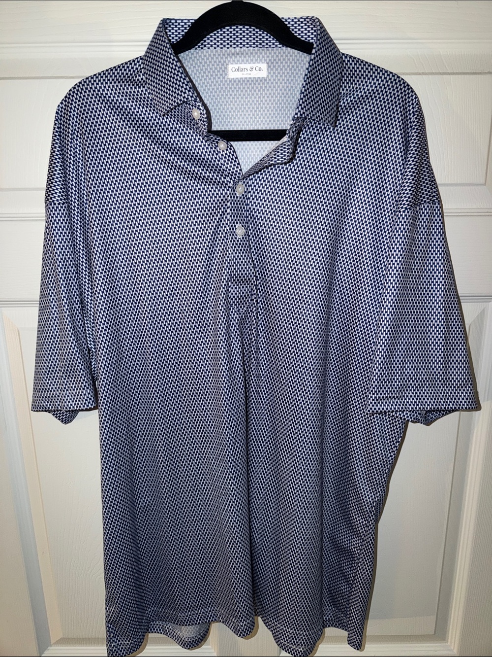 Collars & Co Blue Geo Print Performance Polo Shirt 2XL Stretch NWOT